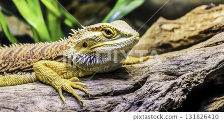 Vibrant Bearded Dragon Lizard Resting on Natural Wood with Green Plants in Background 131826410