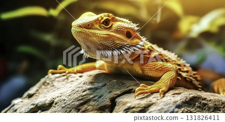 Colorful Bearded Dragon Reptile Sunbathe on Rock with Green Background in Natural Habitat Setting 131826411