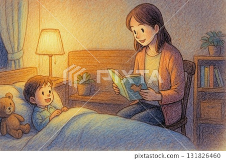 Illustration of a child having his mother read a picture book before going to bed Illustration of a child having his mother read a picture book before going to bed 131826460