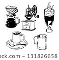 咖啡店插圖，內有咖啡研磨機、滴濾設備、熱咖啡、咖啡浮水物等。 131826658