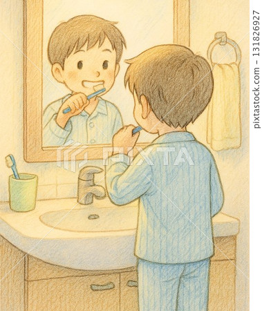 Illustration of a boy brushing his teeth before bedtime 131826927