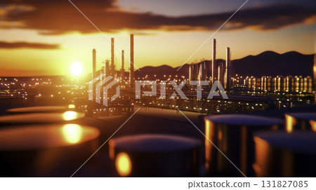 Stunning Sunset Over Industrial Complex with Silhouetted Structures and Glowing Lights 131827085