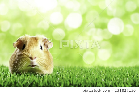 Adorable guinea pig exploring lush green grass with blurred bokeh background in natural light 131827136