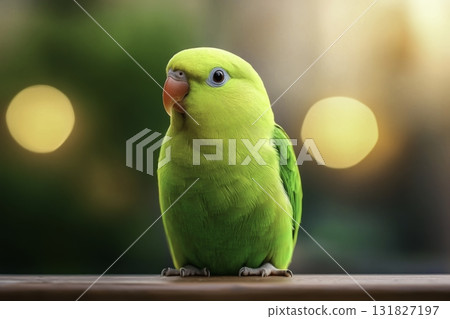 Vibrant Green Parrot Sitting Gracefully Against a Soft Blurred Background with Warm Tones 131827197