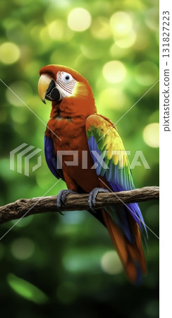 Vibrant Scarlet Macaw Perched on a Branch Against a Beautiful Green Bokeh Background in Nature 131827223