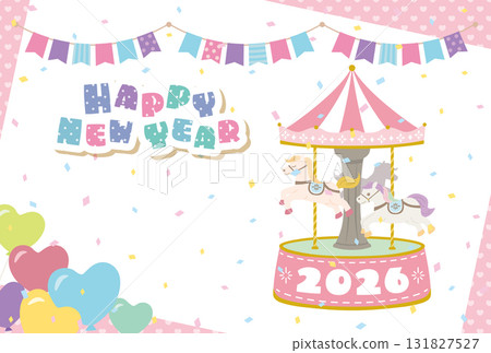 2026 Year of the Horse Cute Merry-go-round New Year's card template 131827527