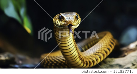 Vivid Close-Up of a Golden Snake with Unique Pattern and Striking Eyes in its Natural Habitat Vivid Close-Up of a Golden Snake with Unique Pattern and Striking Eyes in its Natural Habitat 131827713
