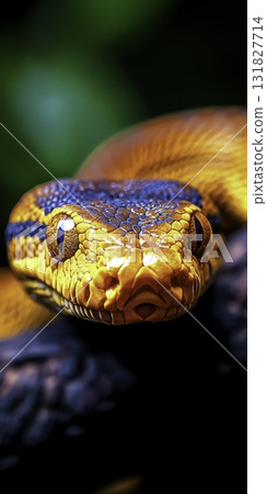 Vivid Orange and Blue Scales of a Colorful Snake in Nature Setting Captured in Close-up Focus 131827714