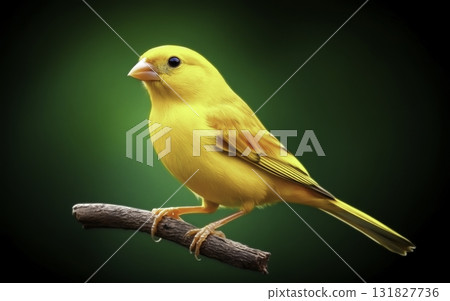Bright Yellow Canary Perched on Branch Against Soft Green Background in Nature Photography 131827736
