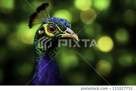Vibrant Peacock with Iridescent Feathers and Bokeh Background in Natural Setting Vibrant Peacock with Iridescent Feathers and Bokeh Background in Natural Setting 131827752