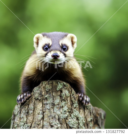 Adorable European Polecat Posing Playfully on Tree Trunk Surrounded by Lush Greenery and Nature 131827792