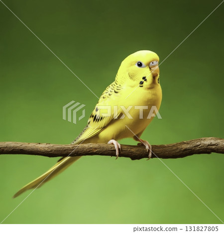 Bright Yellow Budgerigar Perched on a Branch with Soft Green Background Environment 131827805