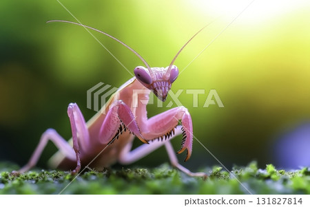 Vibrant Pink Praying Mantis in Natural Habitat Under Soft Sunlight with Colorful Background 131827814