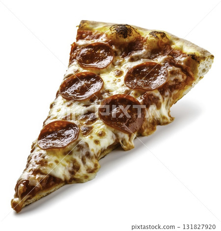 Delicious Pepperoni Pizza Slice with Cheese Melting and Crispy Crust Isolated on White Background 131827920