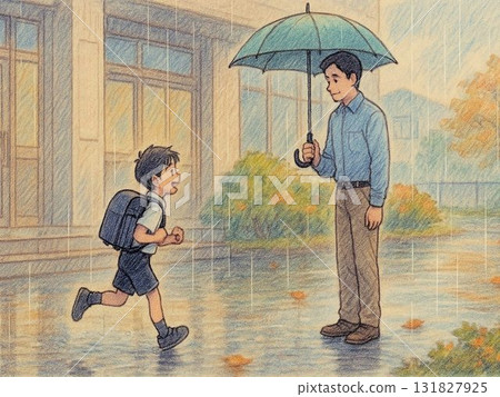 A father and son come to pick up their son from school on a rainy day with an umbrella A father and son come to pick up their son from school on a rainy day with an umbrella 131827925