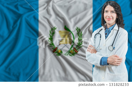 Guatemalan medicine and healthcare concept. Doctor close up against Guatemala flag background 131828233