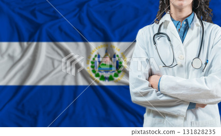 Medical professional on El Salvador flag. Healthcare and wellness in El Salvador, Concept 131828235