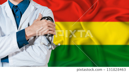 Bolivia healthcare concept. Doctor with stethoscope on Bolivia flag. Doctor holding stethoscope on bolivian flag 131828463