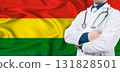 Bolivia healthcare concept. Male doctor on Bolivia flag. Doctor with crossed arms on Bolivia flag 131828501
