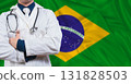 Male doctor with stethoscope on Brazil flag. Doctor holding stethoscope on Brazil flag 131828503