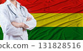 Doctor with crossed arms on Bolivia flag. Bolivia health and care concept. Female doctor on Bolivia flag 131828516
