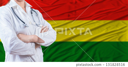 Doctor with crossed arms on Bolivia flag. Bolivia health and care concept. Female doctor on Bolivia flag Doctor with crossed arms on Bolivia flag. Bolivia health and care concept. Female doctor on Bolivia flag 131828516
