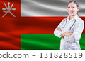 Female doctor on Oman flag. Doctor with crossed arms on Oman flag. Oman health and care concept 131828519