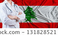 Doctor with crossed arms on Lebanon flag. Lebanese health and care concept. Female doctor on Lebanon flag 131828521