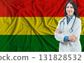 Bolivian medicine and healthcare concept. Doctor close up against Bolivia flag background 131828532
