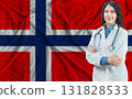 Norwegian medicine and healthcare concept. Doctor close up against Norway flag background 131828533
