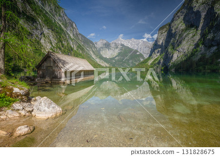 Bootshaus am Obersee lake in Berchtesgaden National Park, Alps Germany 131828675