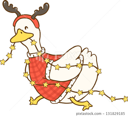 Christmas Silly Goose, Festive Goose with Christmas Lights and Antlers Catoon Hand Drawn 131829185