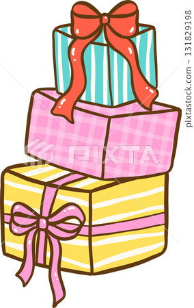 Cartoon Illustration of Stacked Preppy Presents with Bows Hand Drawn 131829198
