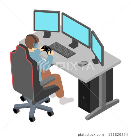 Isometric illustration: A person playing games on a gaming PC 131829224