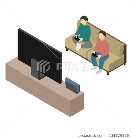 Isometric illustration: People sitting on the sofa and playing games 131829226