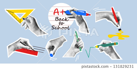 Hands Using School Supplies on Blue Background 131829231