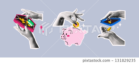 Stylized collage of hands with money and piggy bank Stylized collage of hands with money and piggy bank 131829235