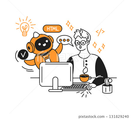 Illustration of Developer and Robot Collaborating 131829240