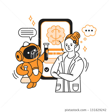Illustration of robot and scientist with technology Illustration of robot and scientist with technology 131829242
