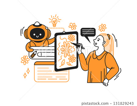 Illustration of Collaboration Between Robot and Artist 131829243