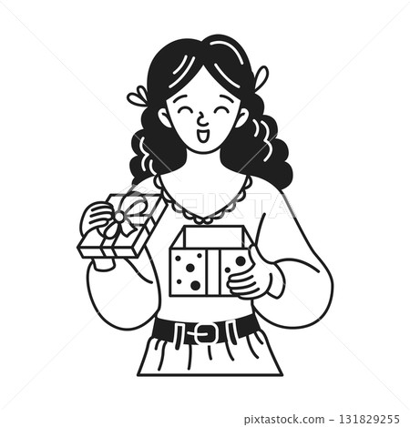 Cheerful Woman Opening Gift Box Illustration Cheerful Woman Opening Gift Box Illustration 131829255