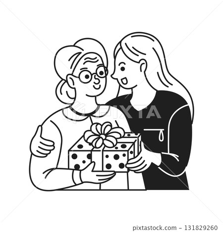 Young Woman Gifting Elderly Lady a Present on White 131829260