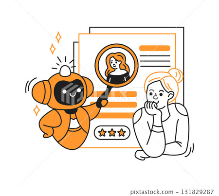 Robot Assisting Woman with Magnifying Glass Illustration Robot Assisting Woman with Magnifying Glass Illustration 131829287