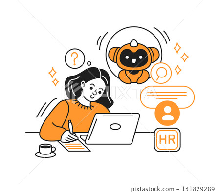 Woman Working at Laptop with Robot Helper 131829289
