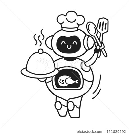 Cute Chef Robot Carrying Food Tray and Utensils 131829292