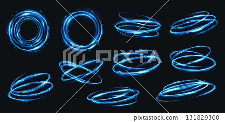 Set of Glowing Blue Light Swirls on Dark Background 131829300