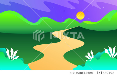 Beautiful Landscape Illustration with Road Leading to Green Hills, Bright Sky and Sunrise in Colorful Gradient Style 131829498