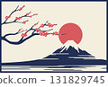 Retro background New Year's card material: Plum blossoms, Mt. Fuji, and the sun 131829745