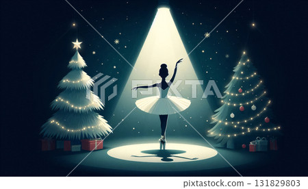 Ballerina dancing under spotlight between decorated Christmas trees with gifts and ornaments. Night stage scene with snowflakes and festive lights. Ballet and winter holiday performance concept. Ballerina dancing under spotlight between decorated Christmas trees with gifts and ornaments. Night stage scene with snowflakes and festive lights. Ballet and winter holiday performance concept. 131829803