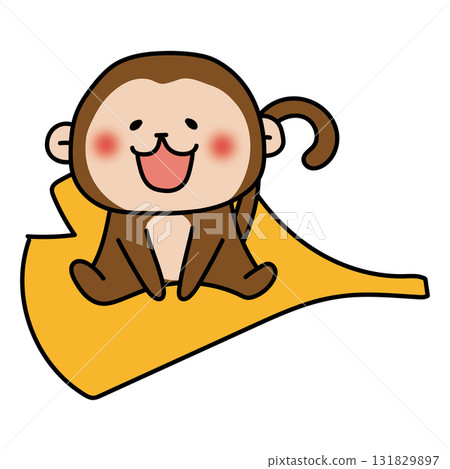 Monkey riding on a large fallen leaf 131829897